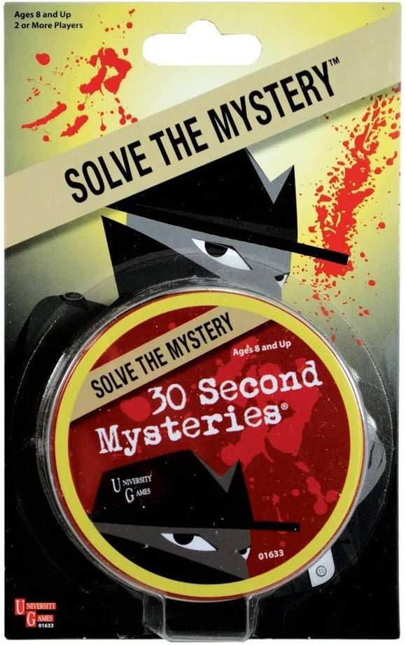 The packaging of '30 Second Mysteries' by University Games, featuring a red and black design with the tagline 'Solve the Mystery.' The package showcases a mysterious figure wearing a hat and features playful blood splatters, suitable for ages 8 and up, meant for 2 or more players.