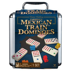 Mexican Train Dominoes Deluxe set by University Games, featuring colorful dominoes and a sturdy silver carrying case. The box has a vibrant design with the game title, illustrations of the dominoes, and game pieces displayed in various colors. Ideal for family game nights and gatherings.