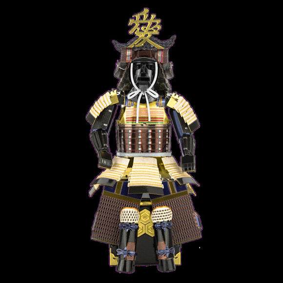 A detailed DIY kit of a Metal Earth Samurai Armor model from Fascinations. The model showcases intricate metal pieces forming a traditional samurai armor with vibrant colors and fine craftsmanship. Ideal for model enthusiasts and hobbyists looking for a unique project.