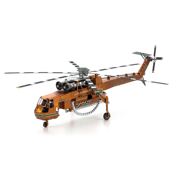 ICONX: S-64 Skycrane DIY kit by Fascinations, featuring a detailed metal model of the iconic helicopter. The model showcases intricate designs and vibrant colors, with visible rotors and fuselage components, perfect for hobbyists and collectors.