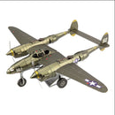 Detailed model kit of the P-38 Lightning aircraft, featuring a green and gray camouflage design with blue and white insignia. The model displays two parallel fuselage sections and intricate engine detailing, capturing the essence of this historic fighter plane. Ideal for aviation enthusiasts and model builders.