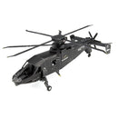 A detailed DIY metal model kit of the S-97 Raider helicopter by Fascinations. The model showcases intricate parts and a sleek black finish, complete with rotating blades and visible cockpit features. Ideal for hobbyists and model enthusiasts looking to build and display a remarkable aviation piece.