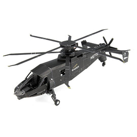 A detailed DIY metal model kit of the S-97 Raider helicopter by Fascinations. The model showcases intricate parts and a sleek black finish, complete with rotating blades and visible cockpit features. Ideal for hobbyists and model enthusiasts looking to build and display a remarkable aviation piece.