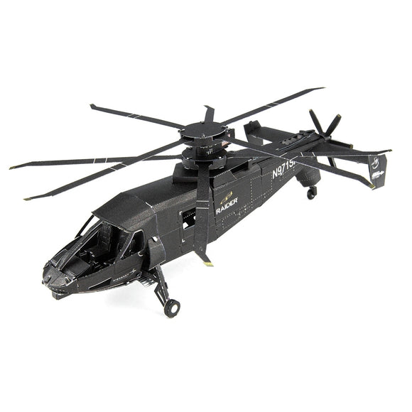 A detailed DIY metal model kit of the S-97 Raider helicopter by Fascinations. The model showcases intricate parts and a sleek black finish, complete with rotating blades and visible cockpit features. Ideal for hobbyists and model enthusiasts looking to build and display a remarkable aviation piece.