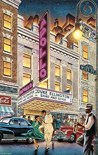 The Apollo Fantasy 550 jigsaw puzzle by SunsOut Inc. features a vibrant depiction of the Apollo Theater. The artwork shows a lively scene with a couple dancing in front of the theater, which has a marquee displaying Duke Ellington and his band. The background portrays vintage cars, streetlights, and an urban skyline, capturing the essence of a bustling nightlife in the city.