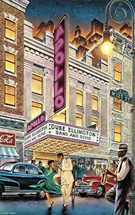 The Apollo Fantasy 550 jigsaw puzzle by SunsOut Inc. features a vibrant depiction of the Apollo Theater. The artwork shows a lively scene with a couple dancing in front of the theater, which has a marquee displaying Duke Ellington and his band. The background portrays vintage cars, streetlights, and an urban skyline, capturing the essence of a bustling nightlife in the city.