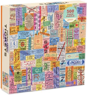 A jigsaw puzzle box featuring 500 vintage travel ticket designs. The puzzle showcases a colorful collage of various outdated transit tickets, including train, bus, and tram tickets from around the world, each displaying unique typographies and illustrations that evoke nostalgia for past travels.