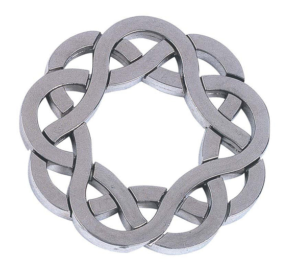 A metallic cast coaster designed by Hanayama, featuring an intricate mechanical puzzle design with interwoven loops accentuating its unique shape.