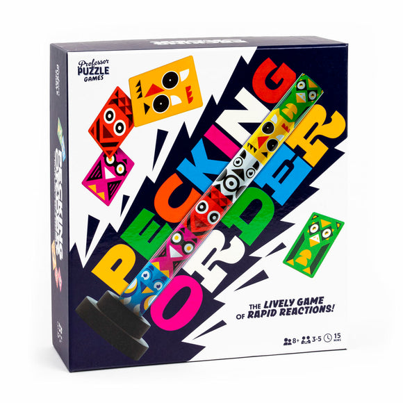 The game box for 'Pecking Order' by Professor Puzzle, featuring vibrant colors and playful illustrations of animal faces. The title 'Pecking Order' stands out prominently, alongside a description of the game as 'The lively game of rapid reactions!' Ideal for 3-5 players aged 8 and up, with a playtime of 15 minutes.