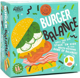 The Burger Balance game by Professor Puzzle features a vibrant, colorful box design showcasing various stacked burger ingredients including lettuce, tomato, cheese, and more. The playful graphics include the title "Burger Balance" in bold font, along with fun illustrations and game instructions highlighting the exciting gameplay of stacking and rolling the die. This game is perfect for ages 6 and up and suitable for 2 or more players, promising fun and balance challenges for families and friends.