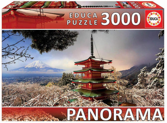 Educa jigsaw puzzle featuring a panoramic view of Mount Fuji and Chureito Pagoda, set amidst a snowy landscape. The puzzle comes in a 3000-piece format, showcasing vibrant colors and intricate details of the iconic Japanese scenery.