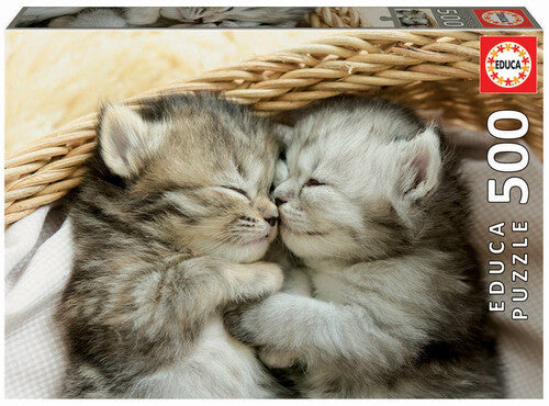 Educa Sweet Kittens jigsaw puzzle featuring two adorable, sleeping kittens nestled together in a cozy basket. The puzzle consists of 500 pieces, ideal for cat lovers and puzzle enthusiasts alike.