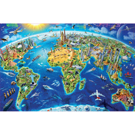 Educa WORLD LANDMARKS jigsaw puzzle featuring a vibrant and detailed illustration of iconic global landmarks and natural wonders. The puzzle showcases a colorful depiction of continents with landmarks such as the Eiffel Tower, pyramids, and the Statue of Liberty, surrounded by various modes of transportation and wildlife, providing an engaging visual experience for puzzle enthusiasts.