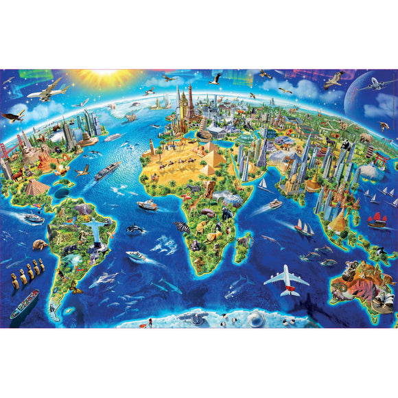 Educa WORLD LANDMARKS jigsaw puzzle featuring a vibrant and detailed illustration of iconic global landmarks and natural wonders. The puzzle showcases a colorful depiction of continents with landmarks such as the Eiffel Tower, pyramids, and the Statue of Liberty, surrounded by various modes of transportation and wildlife, providing an engaging visual experience for puzzle enthusiasts.