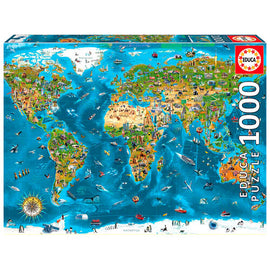 Educa 'Wonders of the World' jigsaw puzzle featuring a vibrant, detailed map of the world. The puzzle showcases various landmarks, monuments, and scenes from different countries, making it a colorful and educational 1000-piece challenge for puzzle enthusiasts and geography lovers alike.