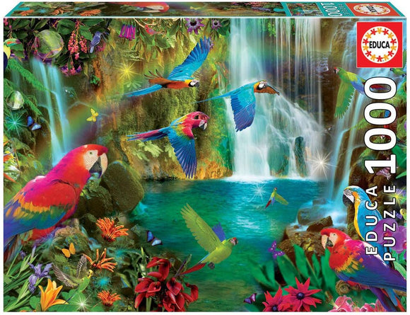 Colorful jigsaw puzzle box featuring tropical parrots amidst a lush waterfall and vibrant flora. The design showcases various parrot species flying over a blue lagoon, detailed with butterflies and tropical plants, ideal for puzzle enthusiasts.