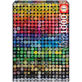 Educa BOTTLE CAPS COLLAGE jigsaw puzzle featuring a vibrant collage of various bottle caps in different colors and designs, ideal for puzzle enthusiasts. Comes in a 1000-piece format, encouraging creativity and relaxation.