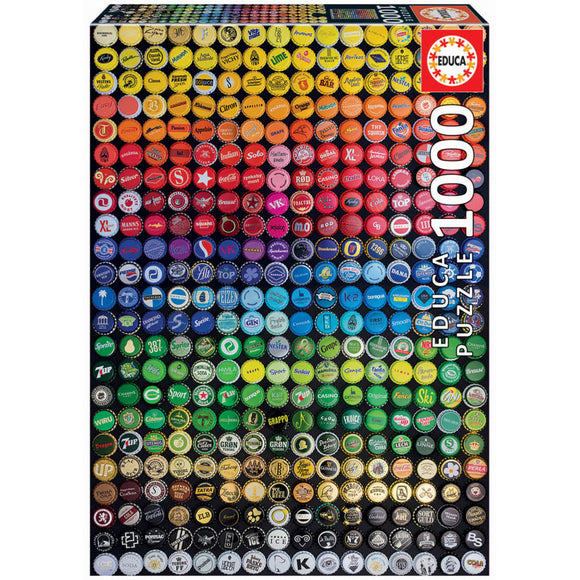 Educa BOTTLE CAPS COLLAGE jigsaw puzzle featuring a vibrant collage of various bottle caps in different colors and designs, ideal for puzzle enthusiasts. Comes in a 1000-piece format, encouraging creativity and relaxation.