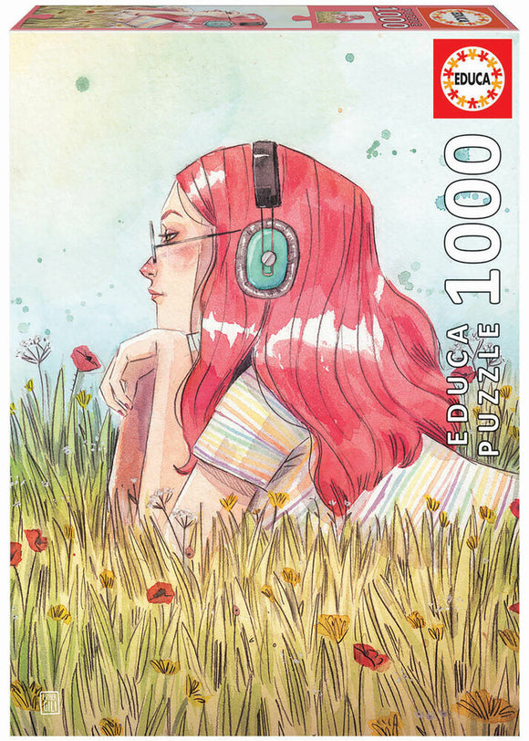 Jigsaw puzzle titled 'JUNE' by Esther Gili, featuring a colorful illustration of a girl with red hair wearing headphones, surrounded by a field of flowers. The puzzle consists of 1000 pieces, ideal for art lovers and puzzle enthusiasts.