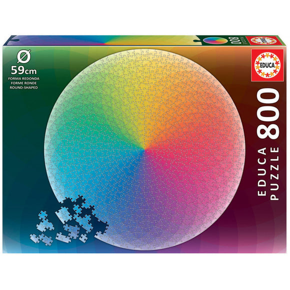 Educa's RAINBOW jigsaw puzzle featuring a vibrant, colorful circular design. The puzzle has 800 pieces and is round, measuring 59 cm in diameter. Ideal for puzzle enthusiasts and families looking for a fun activity together.