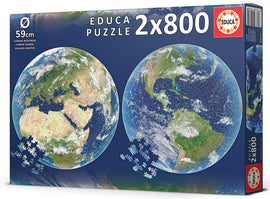 Educa PLANET EARTH jigsaw puzzle featuring two 800-piece round-shaped images of the Earth, showcasing vibrant colors and detailed continents. The box displays an illustration of the completed puzzle, surrounded by some loose pieces awaiting assembly.