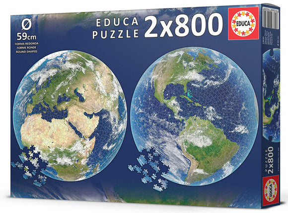Educa PLANET EARTH jigsaw puzzle featuring two 800-piece round-shaped images of the Earth, showcasing vibrant colors and detailed continents. The box displays an illustration of the completed puzzle, surrounded by some loose pieces awaiting assembly.