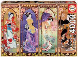 Educa Japanese Collage jigsaw puzzle featuring intricate designs of four elegant figures dressed in traditional Japanese attire, adorned with vibrant floral patterns. The box highlights the artwork and emphasizes that this is a challenging 4000-piece puzzle, perfect for enthusiasts.