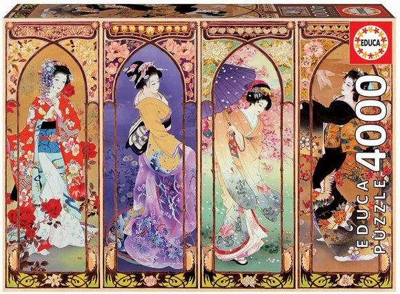 Educa Japanese Collage jigsaw puzzle featuring intricate designs of four elegant figures dressed in traditional Japanese attire, adorned with vibrant floral patterns. The box highlights the artwork and emphasizes that this is a challenging 4000-piece puzzle, perfect for enthusiasts.