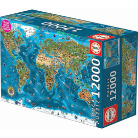 WONDERS OF THE WORLD jigsaw puzzle by Educa featuring a vibrant, colorful illustration of a world map with various landmarks, animals, and scenes indicative of different cultures. The box displays '12000 Puzzle' emphasizing the large number of pieces. Ideal for puzzle enthusiasts seeking a challenging and educational experience.