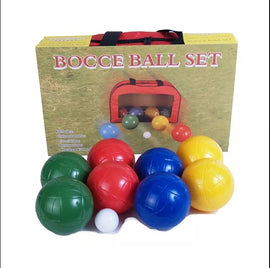 A Bocce Ball Set featuring a variety of colorful plastic balls including red, green, blue, yellow, and white. The set comes in a box with a carrying handle, displaying a grassy background. Ideal for outdoor games and family gatherings.