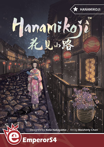 The game Hanamikoji by Deep Water Games features a beautifully illustrated box cover. The artwork showcases a serene street scene in a traditional setting, with glowing lanterns and a woman in a kimono walking along a stone pathway lined with flowers. This two-player game focuses on strategy and has a unique theme centered around Japanese culture.
