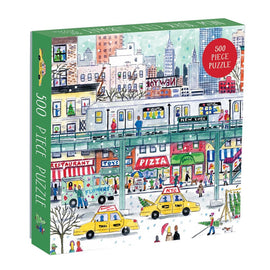 New York City Subway Storrings jigsaw puzzle by Galison. Features a vibrant illustration of the NYC subway, yellow taxis, pedestrians, and iconic buildings. 500 pieces.