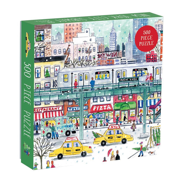 New York City Subway Storrings jigsaw puzzle by Galison. Features a vibrant illustration of the NYC subway, yellow taxis, pedestrians, and iconic buildings. 500 pieces.