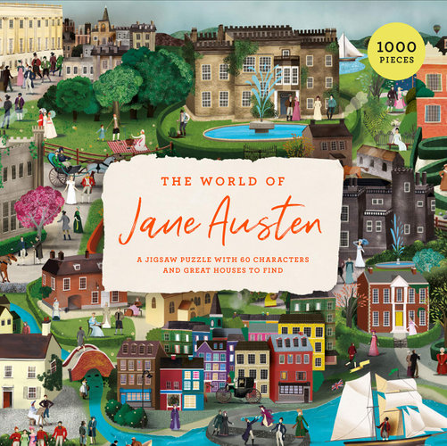 The World of Jane Austen jigsaw puzzle featuring a colorful illustration depicting various scenes and characters from Jane Austen's novels. This 1000-piece puzzle showcases iconic locations and characters, inviting fans to explore the literary world of Jane Austen as they piece together the vibrant imagery.