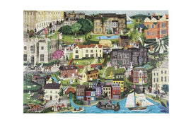 A colorful jigsaw puzzle titled 'The World of Jane Austen' by Laurence King Publishing, depicting intricate scenes inspired by Jane Austen's novels. The image features a charming village with various historical buildings, greenery, and characters in Regency-era clothing, bringing to life the enchanting world of Austen's literature.
