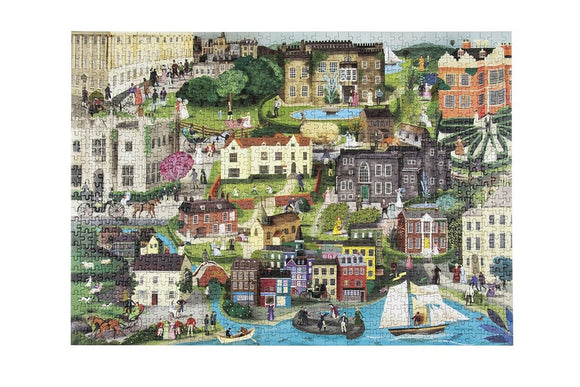 A colorful jigsaw puzzle titled 'The World of Jane Austen' by Laurence King Publishing, depicting intricate scenes inspired by Jane Austen's novels. The image features a charming village with various historical buildings, greenery, and characters in Regency-era clothing, bringing to life the enchanting world of Austen's literature.