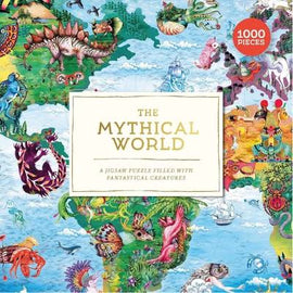 The Mythical World is a vibrant 1000-piece jigsaw puzzle featuring an imaginative illustration filled with fantastical creatures and colorful landscapes from various mythologies around the globe. The design showcases an array of mythical beings, including dragons, unicorns, and other enchanting figures, all intricately placed across an artistic map of a mythical realm.