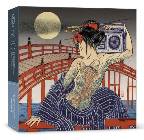 Taiko-Bashi jigsaw puzzle by FRED Distribution Inc. featuring a vibrant illustration inspired by traditional Japanese art, showcasing a woman with a radio and a fish tattoo against a backdrop of a red bridge and a full moon. This 500-piece puzzle combines artistry with entertainment, making it perfect for puzzle enthusiasts and collectors.