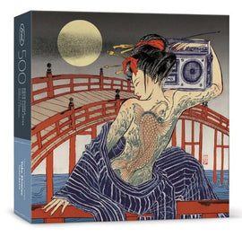 Taiko-Bashi jigsaw puzzle by FRED Distribution Inc. featuring a vibrant illustration inspired by traditional Japanese art, showcasing a woman with a radio and a fish tattoo against a backdrop of a red bridge and a full moon. This 500-piece puzzle combines artistry with entertainment, making it perfect for puzzle enthusiasts and collectors.