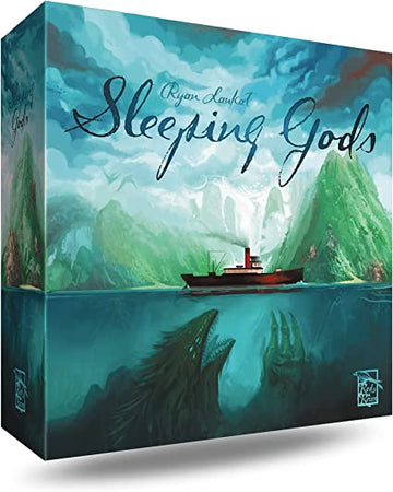The box of the board game 'Sleeping Gods' by RED RAVEN GAMES features stunning artwork of a boat navigating through mystical mountains and waters, with a large sea creature lurking beneath the surface. The title 'Sleeping Gods' is elegantly scripted on the front of the box, set against a vivid backdrop of light and shadow, conveying a sense of adventure and exploration.