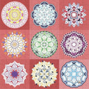 A colorful jigsaw puzzle featuring nine unique mandala designs arranged in a 3x3 grid. Each mandala showcases intricate patterns and vibrant colors on a red background, perfect for relaxation and mindfulness activities.