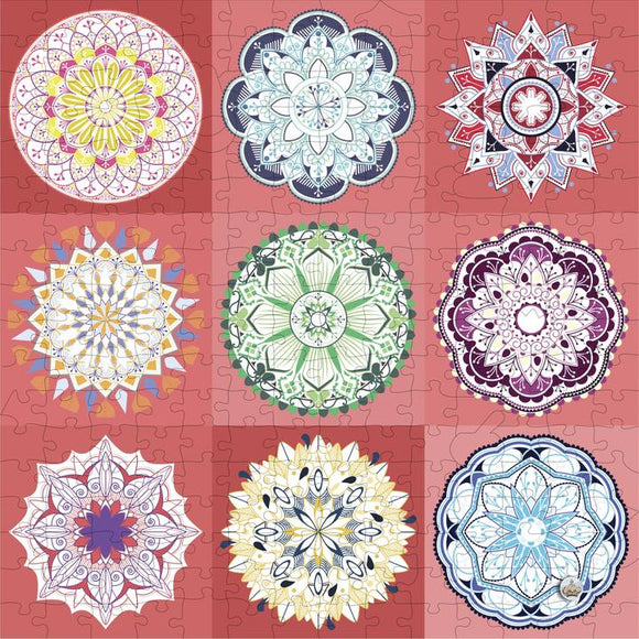 A colorful jigsaw puzzle featuring nine unique mandala designs arranged in a 3x3 grid. Each mandala showcases intricate patterns and vibrant colors on a red background, perfect for relaxation and mindfulness activities.