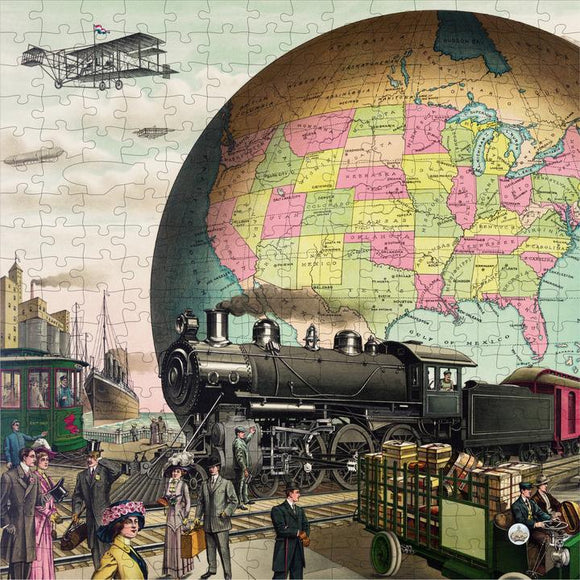 A vibrant jigsaw puzzle depicting 20th century transport, featuring a steam locomotive on a railroad, an early airplane, ships at a dock, and a world map background. The scene is filled with stylishly dressed people from the era, creating a nostalgic atmosphere of transportation history.