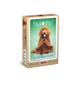Yoga Dogs Playing Cards by Eurographics features a playful dog in a yoga pose on the front of the box, with a light green background and the text 'Get in touch with your inner puppy.' The box is designed for fun and games, making it perfect for dog lovers and card game enthusiasts.