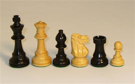 A set of chessmen featuring black and boxwood pieces, each measuring 3.75 inches high. The high-quality pieces include a king, queen, bishop, knight, rook, and pawn, showcasing intricate details and a classic design, perfect for chess enthusiasts and collectors.