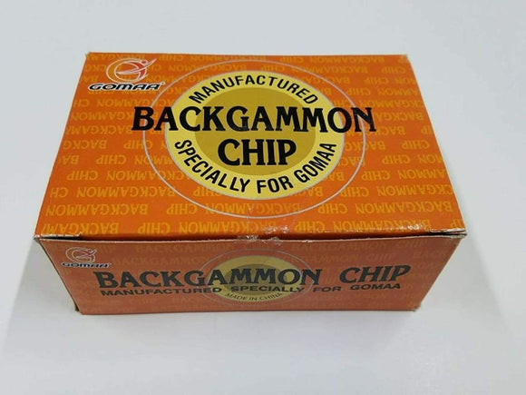 A box of Backgammon pieces featuring a bold design in black and white, measuring 1.5 inches. The packaging prominently displays 'Backgammon Chip' along with the logo and a note about its manufacture for Gomaa. Ideal for engaging gameplay and enhancing backgammon sets.