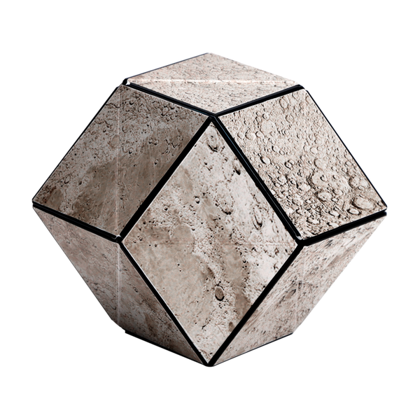 The Shashibo Moon by Geobenders is a mechanical puzzle featuring a unique hexagonal shape. Its surface showcases a detailed design resembling the lunar surface, complete with craters and textures that mimic the moon's natural geography. The puzzle can transform into over 70 shapes, providing endless possibilities and challenges for users. Ideal for skill-building and tactile stimulation.