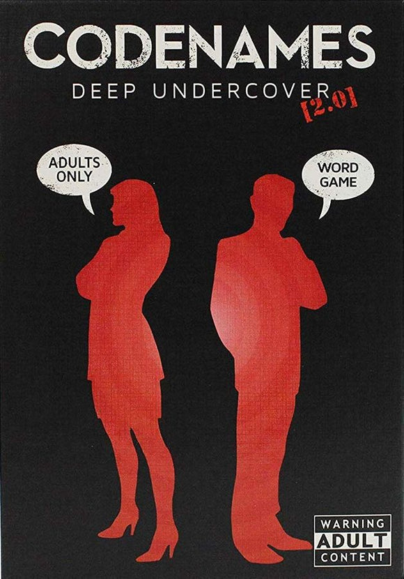Codenames Deep Undercover 2.0 game box featuring silhouettes of a man and woman. The text includes 'ADULTS ONLY' and 'WORD GAME.' Designed for adults, this party game involves word association and strategic thinking.