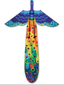 Colorful 3-D Peacock Kite from Premier Kites, featuring vibrant blue, green, and multi-colored designs that mimic a peacock's feathers. The kite is designed with wide wings and a long tail, ensuring an impressive flight display in the sky.