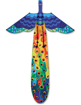 Colorful 3-D Peacock Kite from Premier Kites, featuring vibrant blue, green, and multi-colored designs that mimic a peacock's feathers. The kite is designed with wide wings and a long tail, ensuring an impressive flight display in the sky.